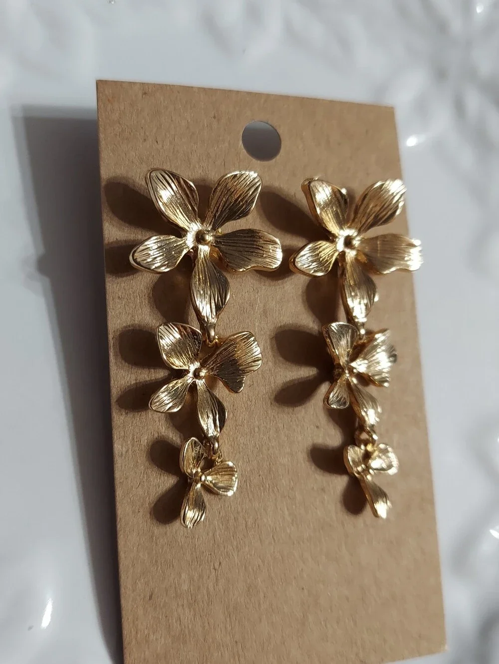 Textured Gold Tone/Dogwood Flower Trio Drop Earrings